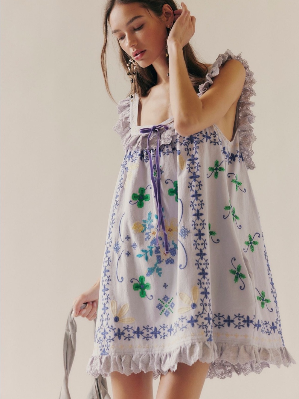 New no tag free people Bali main squeeze Lavender Embroidered Ruffle Mini Dress